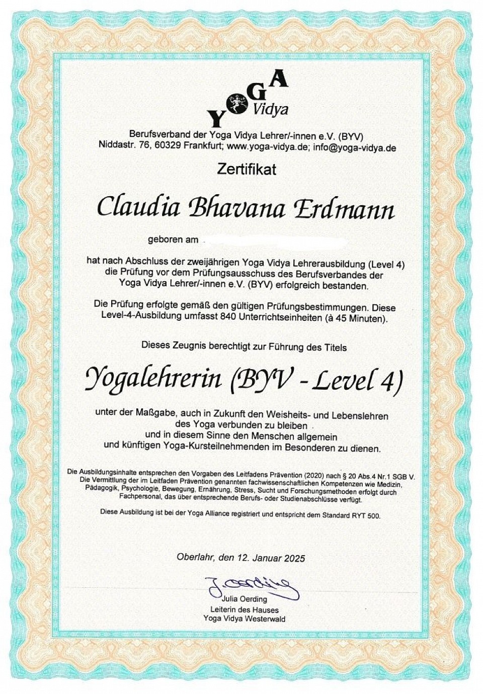 Zertifikat Yogalehrerin